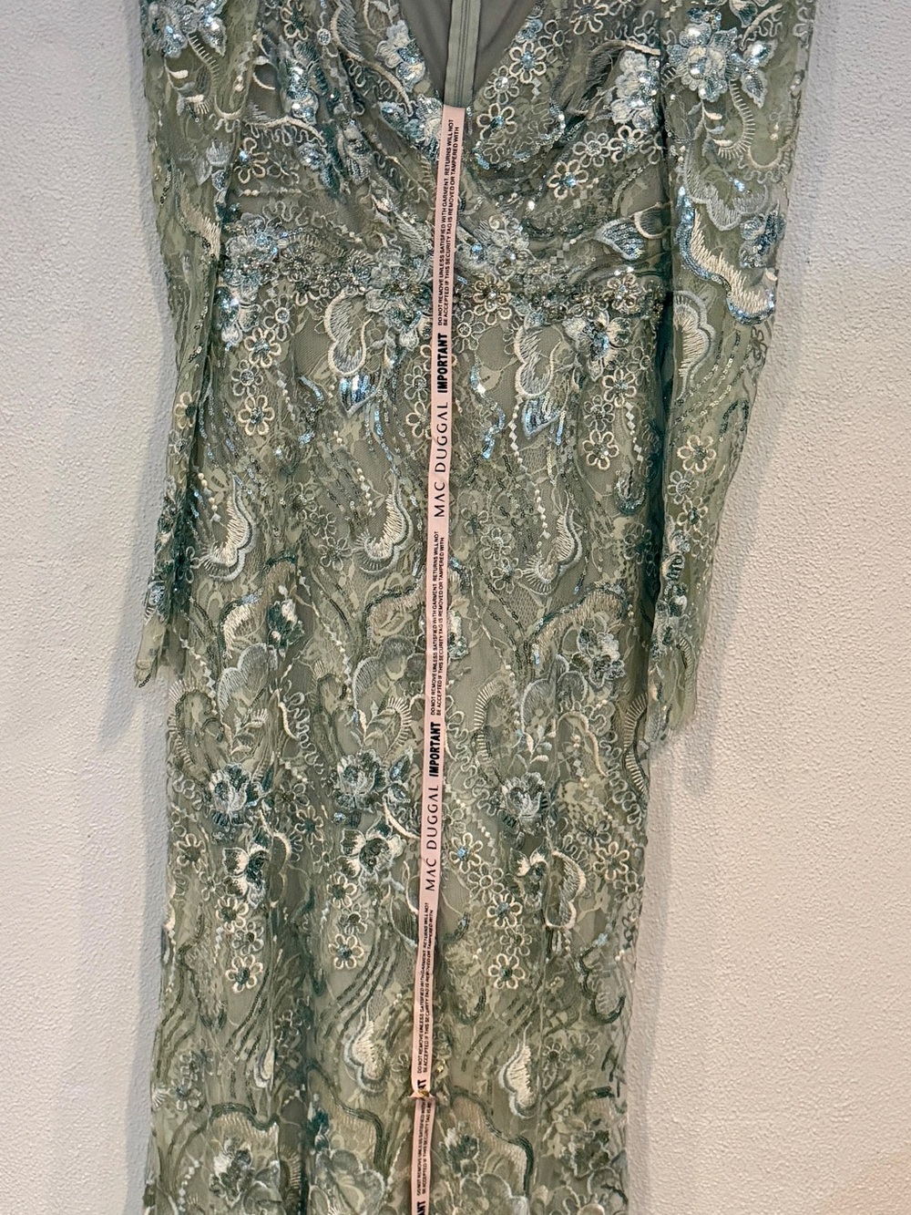 Mac Duggal Seafoam Green Embroidered Lace Evening Gown